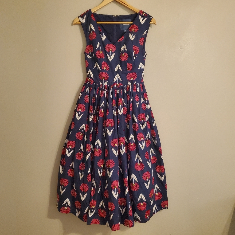 Modcloth Navy Floral Midi Dress with Coral and White Accents - Picture 2 of 12
